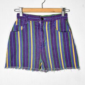 VTG Not Guilty Denim High Rise Booty Shorts Womens 3/4 Bright Stripe Hip Hop 90s